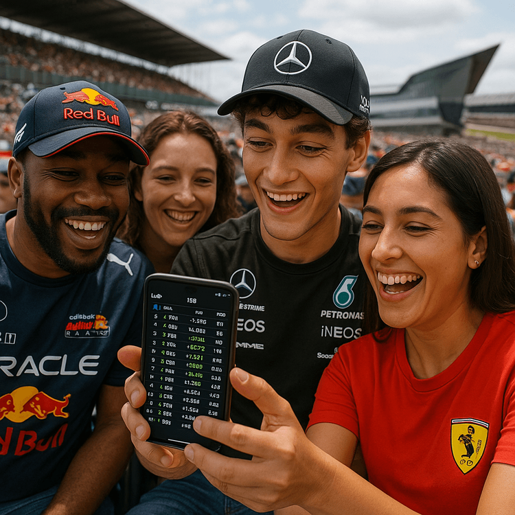 Fans at a Formula 1 race enjoying the event together while looking at live data on a smartphone.