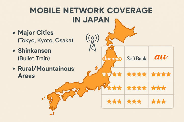 Infographic comparing network coverage of Docomo, SoftBank, and au in Japan for tourists.