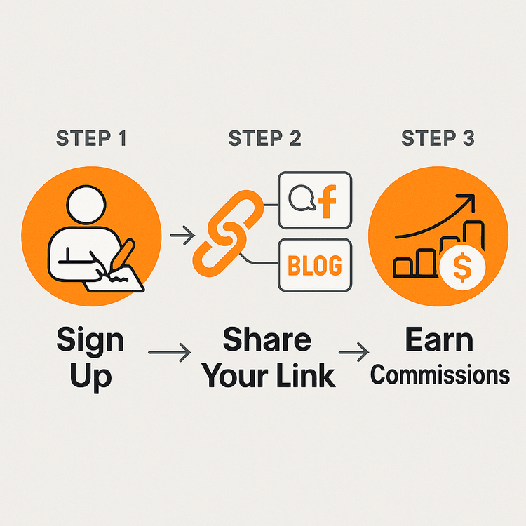 Infographic showing the simple 3-step process of the Yoho Mobile eSIM affiliate program: Sign Up, Share Your Link, and Earn Commissions.