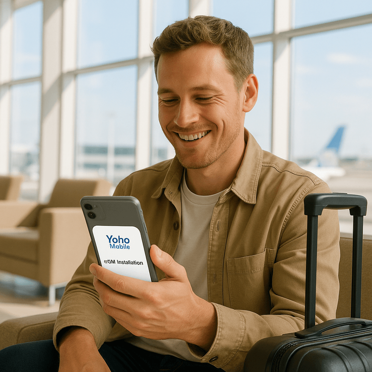 Un voyageur installant facilement une eSIM Yoho Mobile sur son smartphone dans un salon d'aéroport.