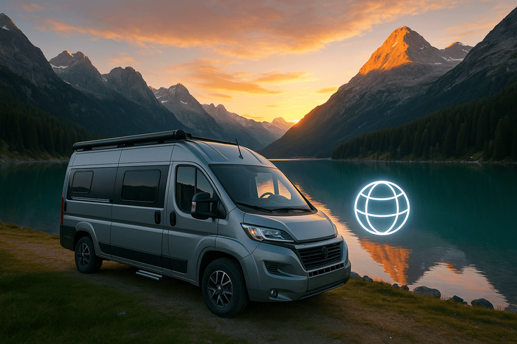 A modern campervan enjoying reliable eSIM internet connectivity in a beautiful mountain landscape.