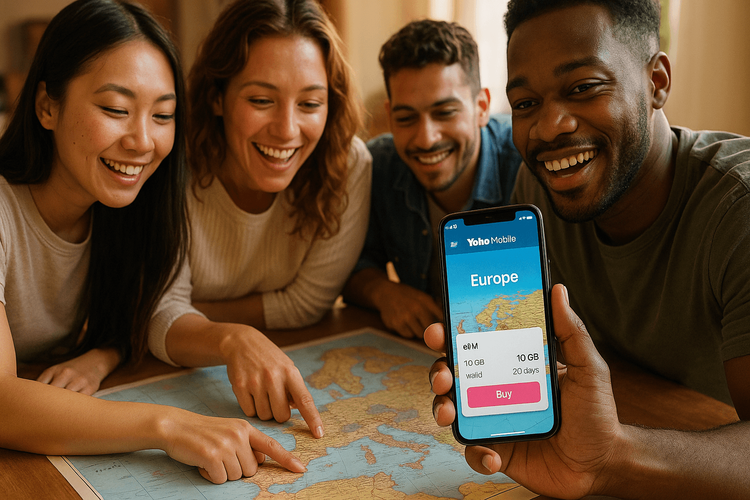 Travelers planning a trip with a map and a smartphone showing Yoho Mobile eSIM plans.