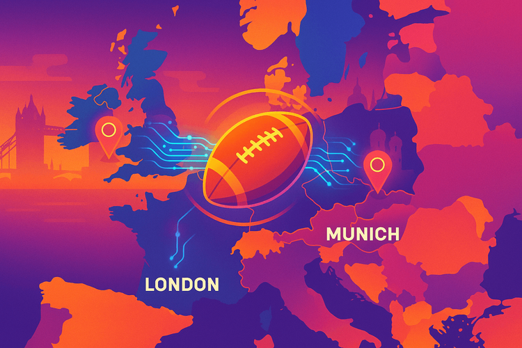 Map of Europe highlighting NFL International Games locations in the UK and Germany, connected by Yoho Mobile's eSIM data network.