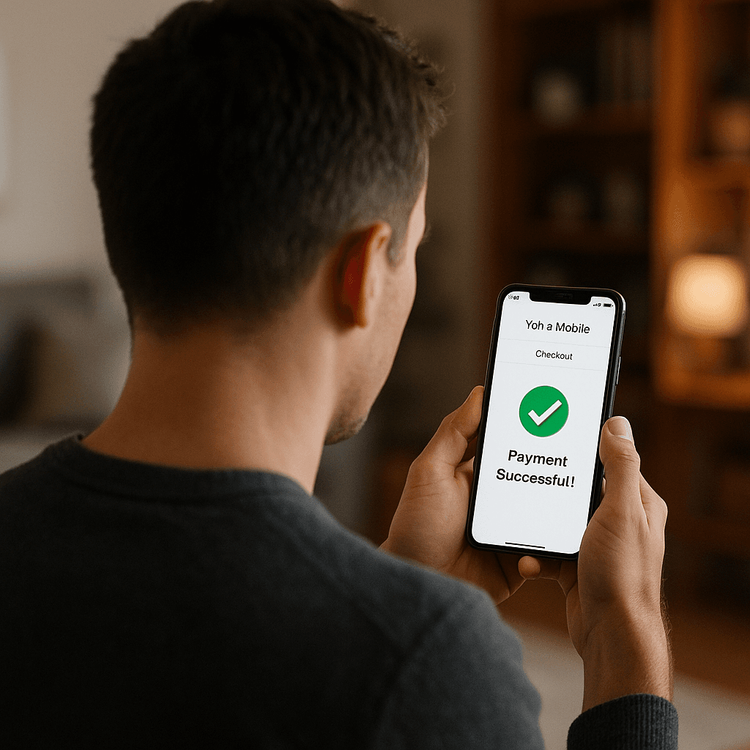 A user successfully completes their Yoho Mobile eSIM purchase on their smartphone.