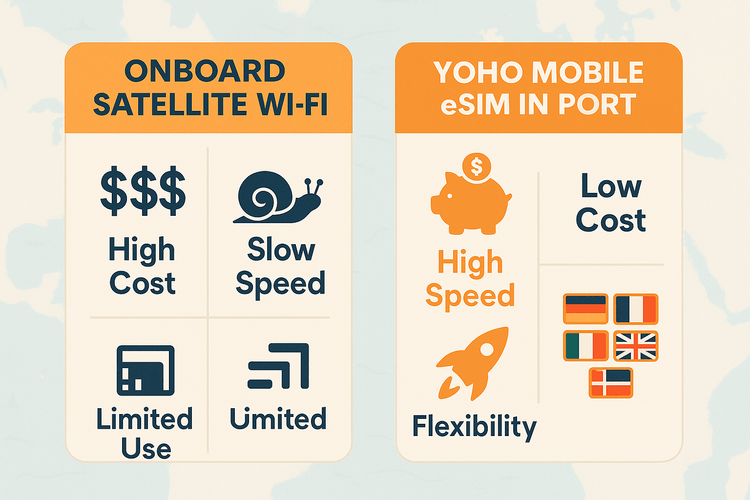 Infographic comparing the high cost and slow speed of cruise ship Wi-Fi with the affordability and high speed of a Yoho Mobile eSIM in port.