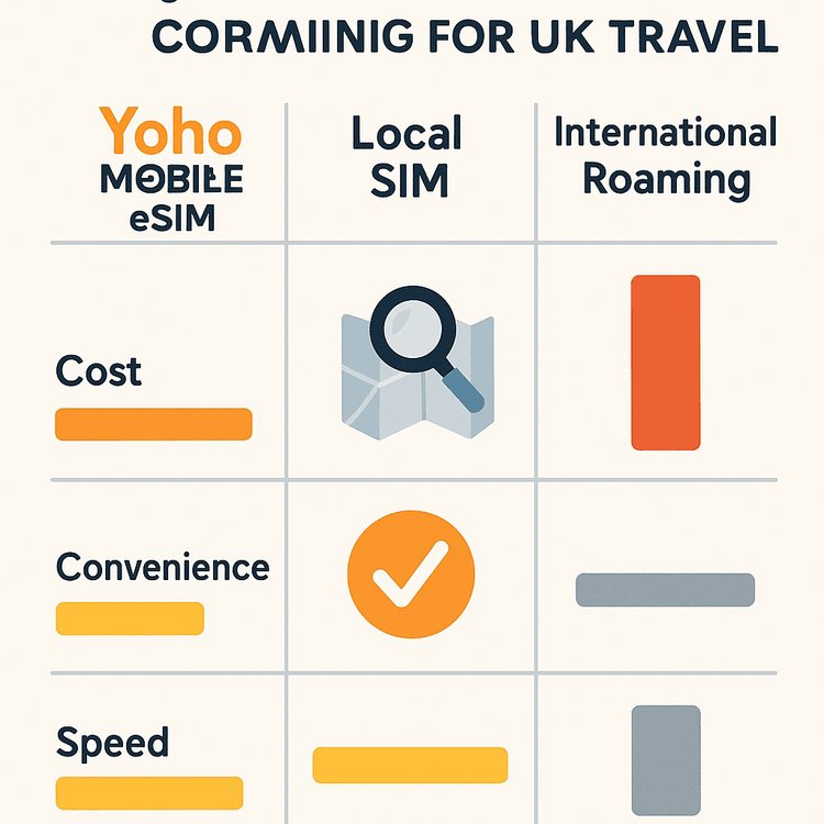 Infographic comparing the cost and convenience of Yoho Mobile eSIM, local SIMs, and international roaming for UK travel.