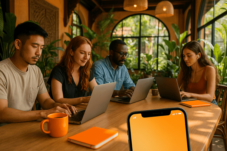 Digital nomads working efficiently in a beautiful, well-lit cafe in Chiang Mai.