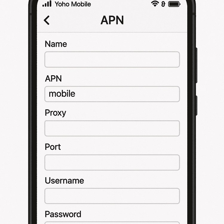 Illustration of the correct APN settings page on a smartphone for configuring a Yoho Mobile eSIM for data access.