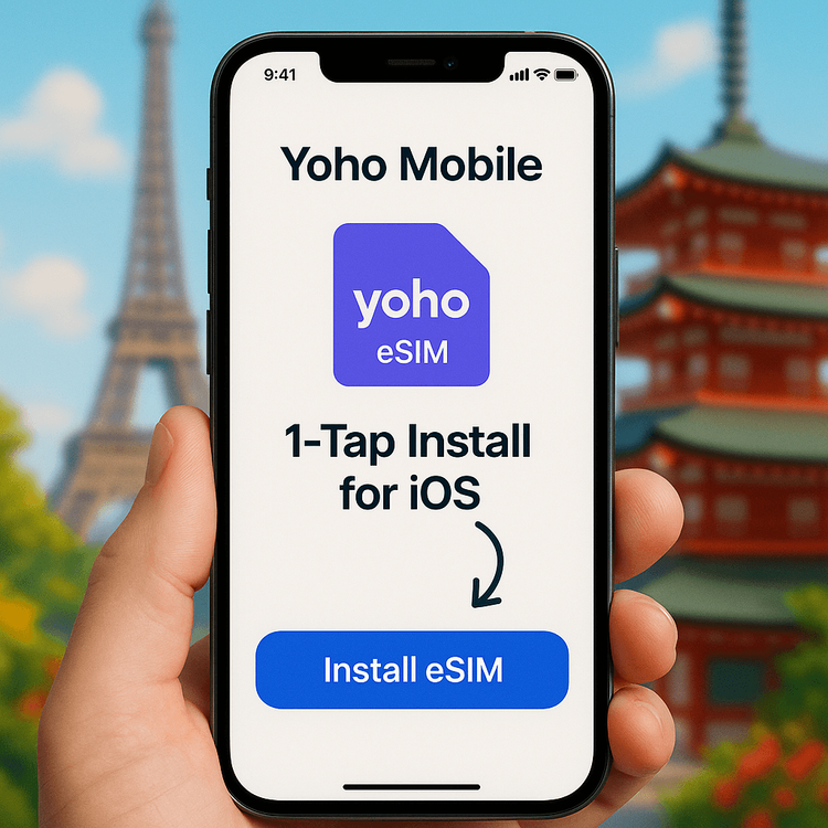 Demonstration of the easy one-tap eSIM installation process for iOS users on the Yoho Mobile app.