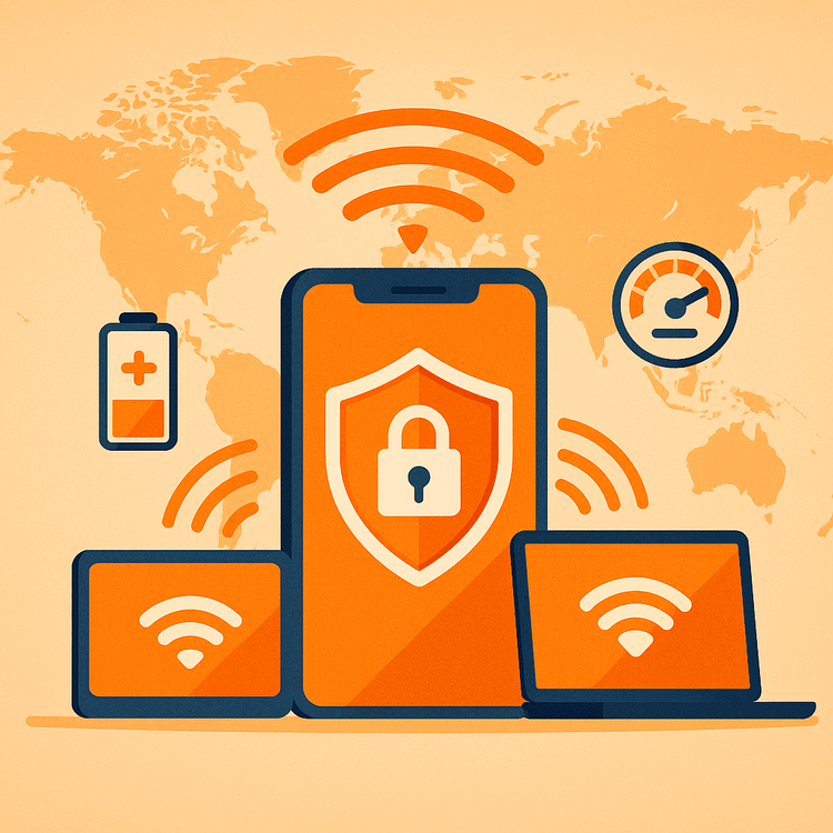 Illustration of a secure and efficient mobile hotspot with icons for security, battery life, and data management.