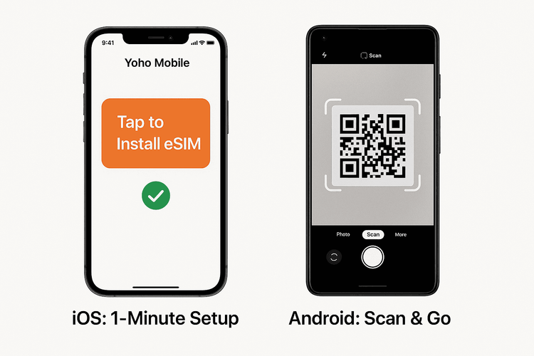 Comparison of the easy eSIM installation process on iOS and Android for Yoho Mobile.