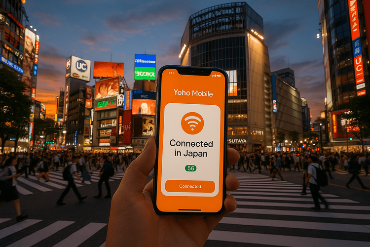 A traveler holding a smartphone with Yoho Mobile's Japan eSIM connected at Shibuya Crossing, Tokyo.
