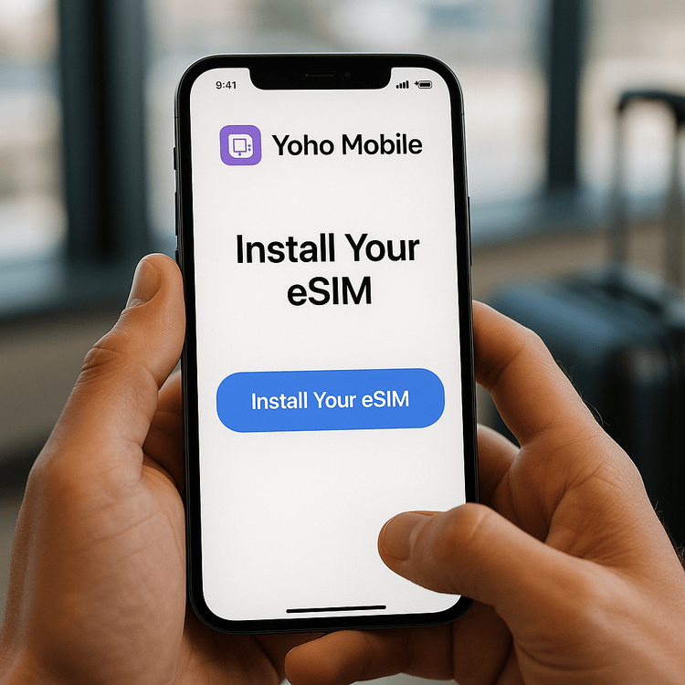 A user easily installing a Yoho Mobile eSIM on their iPhone with one tap, preparing for their trip.