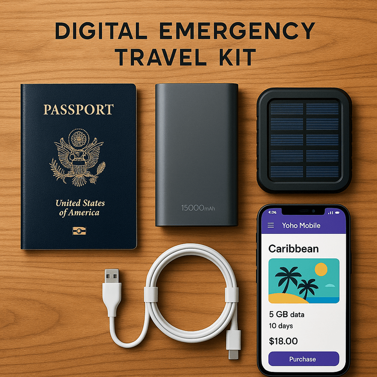 A flat lay of an emergency travel kit containing a passport, power bank, and a phone with the Yoho Mobile eSIM app.
