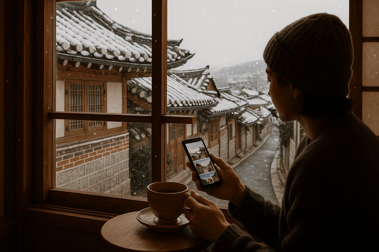A peaceful winter scene in Bukchon Hanok Village, Seoul, with a person enjoying tea and using a smartphone.