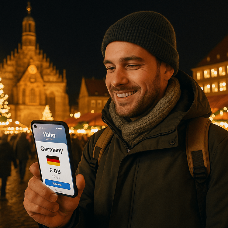 A happy traveler using a Yoho Mobile eSIM plan at a German Christmas market.