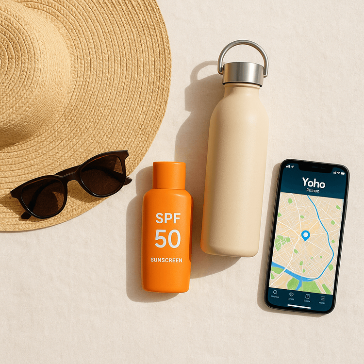 Travel essentials for a European heatwave laid out, including a hat, sunscreen, water bottle, and a smartphone with a travel app.