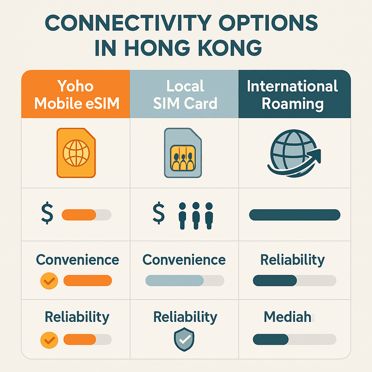 An infographic comparing the cost, convenience, and reliability of Yoho Mobile eSIM, local SIM cards, and international roaming in Hong Kong.