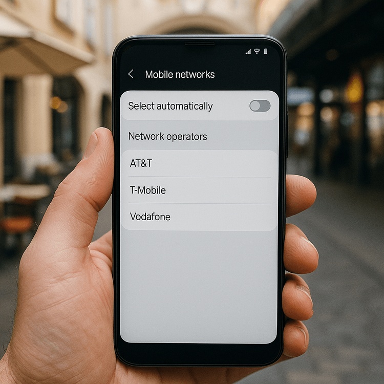 A user manually selecting a mobile network on an Android phone to fix an eSIM connection issue.