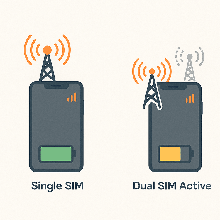 Diagram comparing the minimal battery drain of a single SIM versus the higher drain of an active dual SIM phone searching for a weak signal.