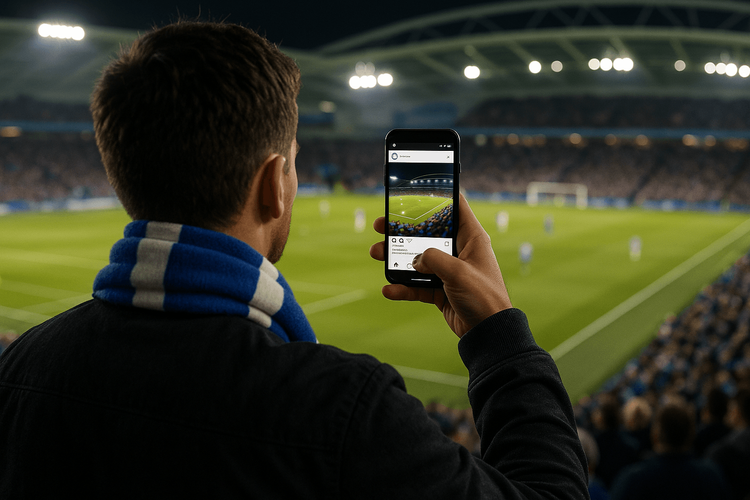A fan at the Amex Stadium sharing a photo of the Brighton & Hove Albion match on their smartphone.