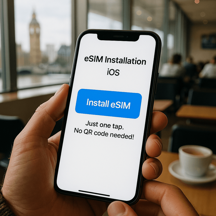 Visual guide showing the simple one-tap installation of a Yoho Mobile eSIM on an iPhone, with no QR code required.