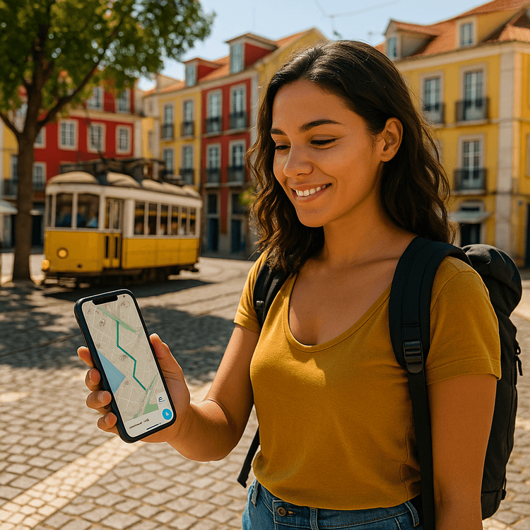 A traveler confidently navigating the streets of Lisbon using a map app on her smartphone.