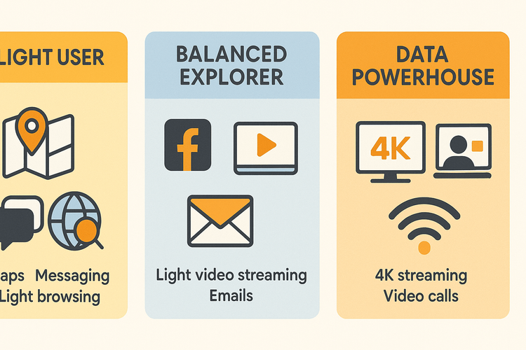 Infographic comparing traveler data usage profiles: Light User, Balanced Explorer, and Data Powerhouse.