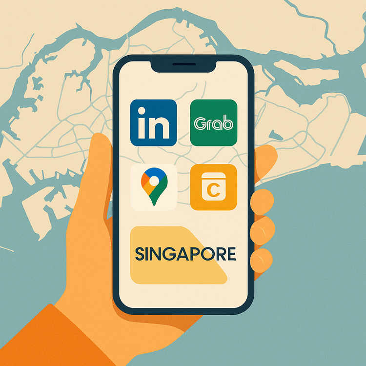 Illustration of essential apps for business travel to a Singapore tech conference.