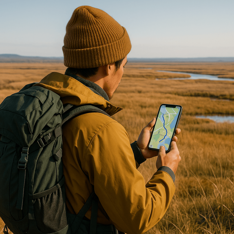 A hiker using a smartphone with a digital map for navigation in the vast Kushiro Wetlands of Hokkaido.