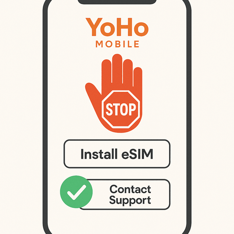 Illustration showing a user to stop and not install the wrong eSIM, but to contact support instead.