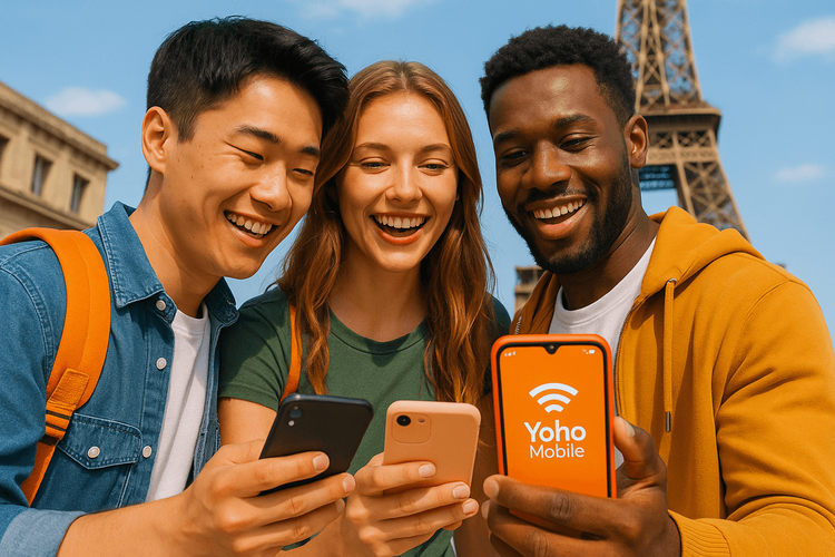 Diverse group of friends traveling in Europe, happily connected with Yoho Mobile eSIMs.