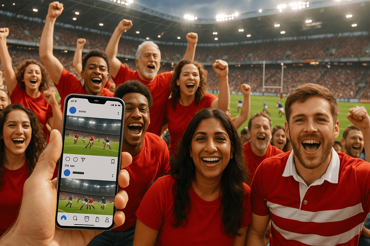 Rugby fan at the RWC 2027 in Australia using their phone with a Yoho Mobile eSIM to share moments online.
