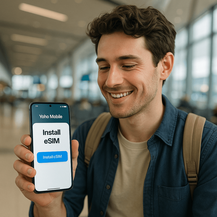 A traveler easily activating a Yoho Mobile eSIM on a futuristic smartphone in an airport.