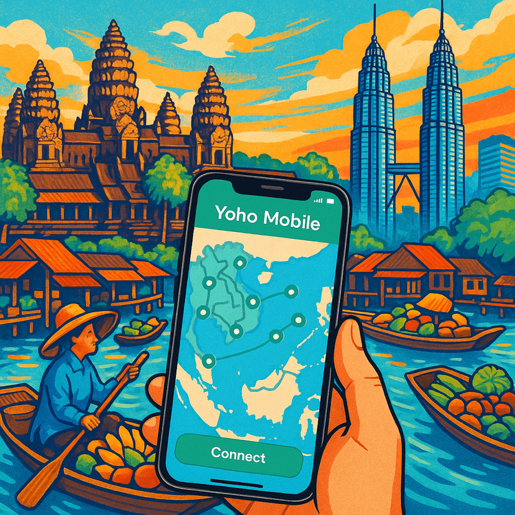 A collage of Southeast Asian landmarks with a smartphone showing the Yoho Mobile app, symbolizing multi-country connectivity.