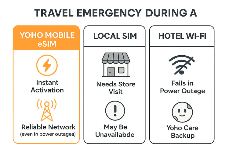 Infographic comparing the reliability of Yoho Mobile eSIM, local SIM cards, and hotel Wi-Fi during a travel emergency.
