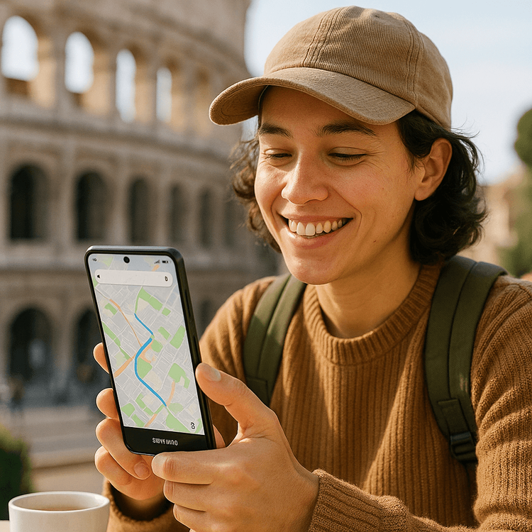 A traveler in Rome using their Samsung Galaxy S25 with a strong data signal, demonstrating the convenience of a travel eSIM.