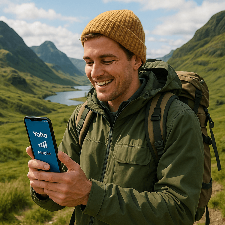 A traveler using a Yoho Mobile eSIM on their smartphone while enjoying the view in the Scottish Highlands.