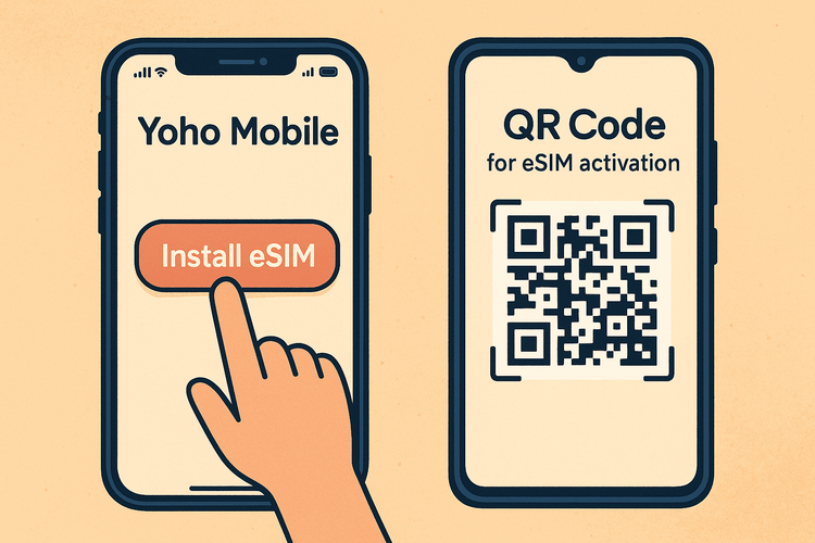 Illustration of the simple eSIM installation process for iOS and Android devices with Yoho Mobile.