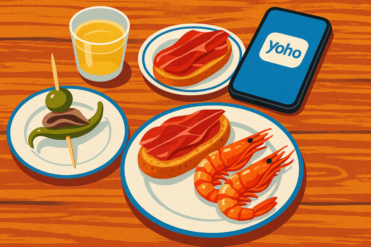 An illustrated spread of delicious San Sebastián pintxos and a smartphone with the Yoho Mobile app.