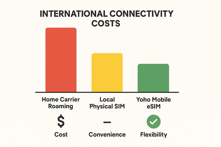 Infographic comparing the high cost of international roaming against the affordable rates of a Yoho Mobile eSIM.