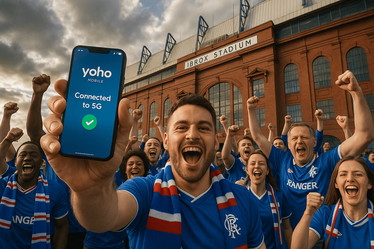 Rangers FC fans celebrating outside Ibrox Stadium while staying connected with a Yoho Mobile eSIM.