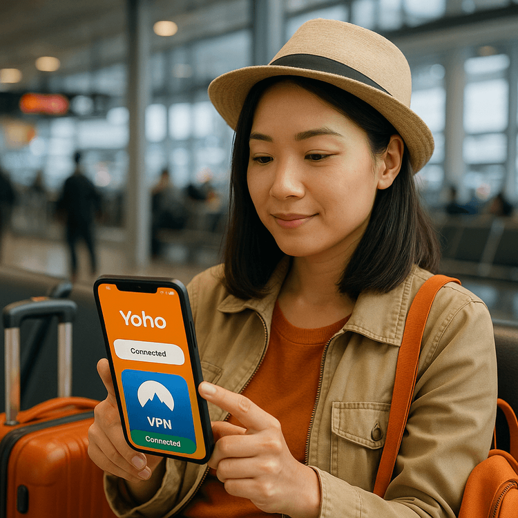 A traveler securely connected to the internet using a Yoho Mobile eSIM and a VPN on her smartphone in an airport.