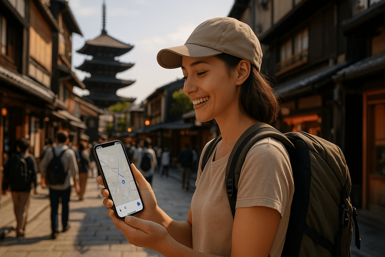 A traveler confidently navigating the streets of Kyoto using a map on her smartphone with a Yoho Mobile eSIM.