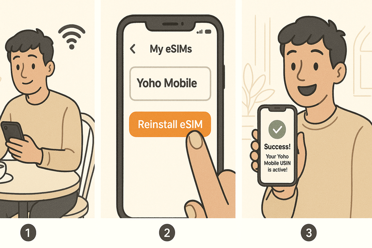 A 3-step guide on how to reinstall a Yoho Mobile eSIM using Wi-Fi and the mobile app after a phone reset.