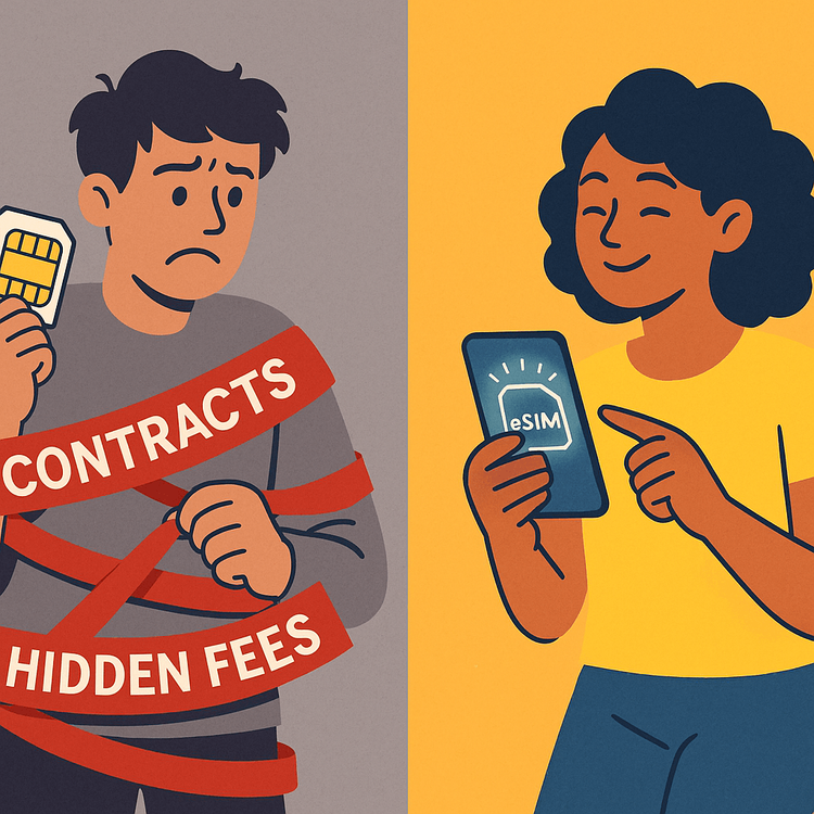Illustration comparing the stress of local SIM contracts versus the ease of using a Yoho Mobile eSIM.
