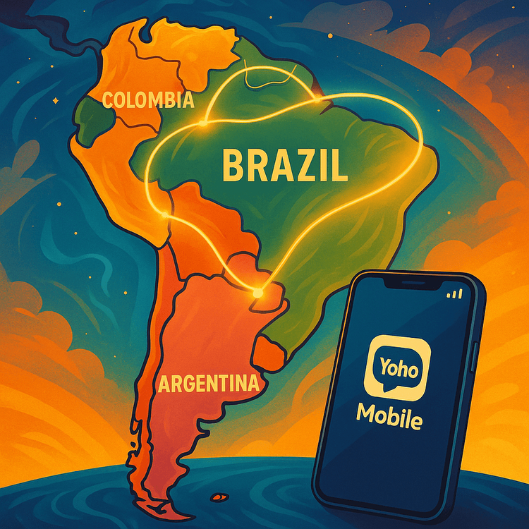 Map of South America illustrating seamless connectivity across Brazil, Argentina, and Colombia with Yoho Mobile's regional eSIM.