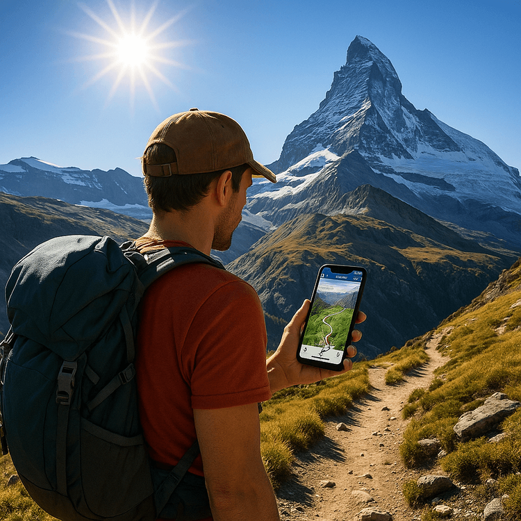 A hiker using their phone with a Yoho Mobile eSIM for navigation in the Swiss Alps, ensuring a safe and connected experience.