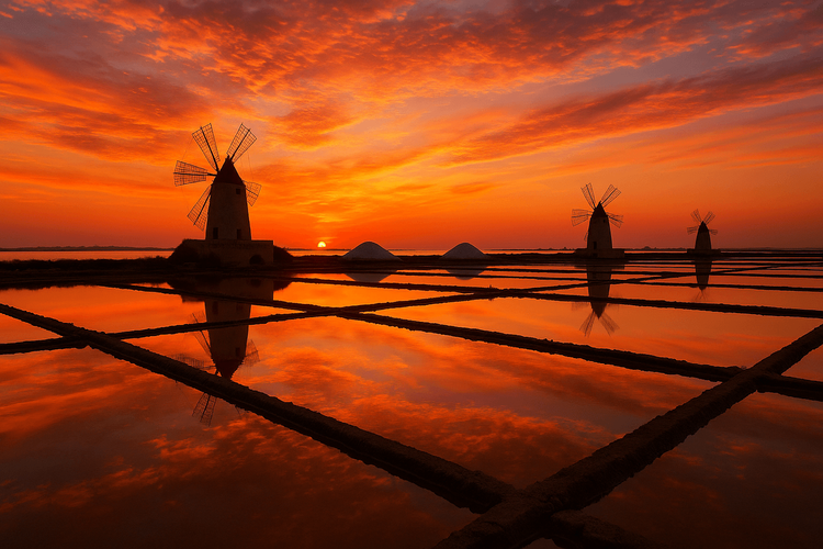 The beautiful salt pans (Saline della Laguna) in Marsala, Sicily at sunset.