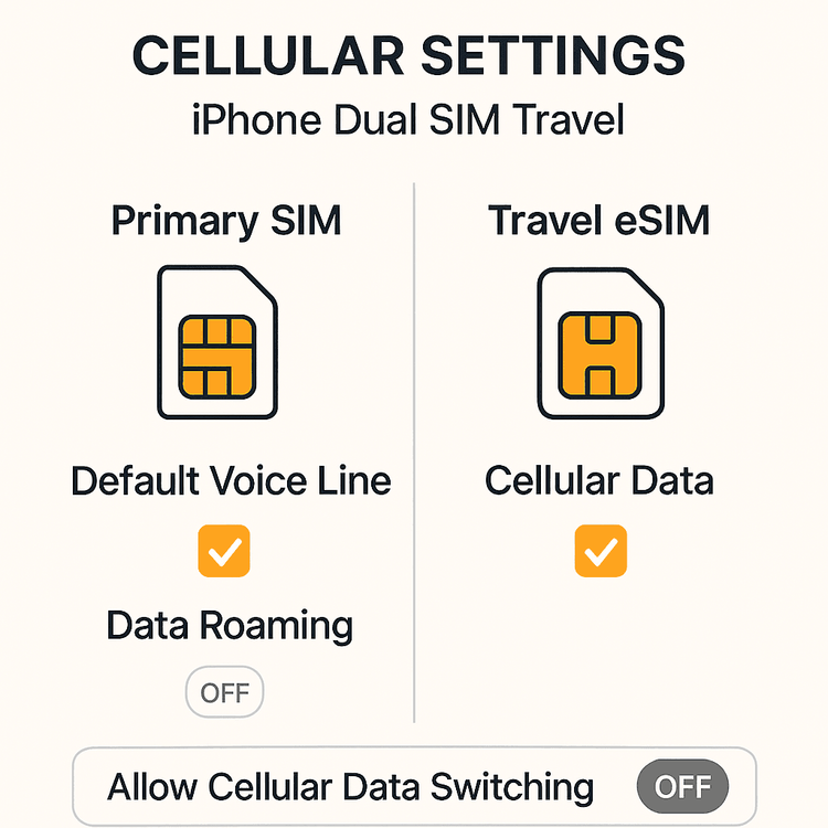 Diagram of correct iPhone dual SIM settings for travel, showing Cellular Data set to the travel eSIM and 'Allow Cellular Data Switching' turned off.